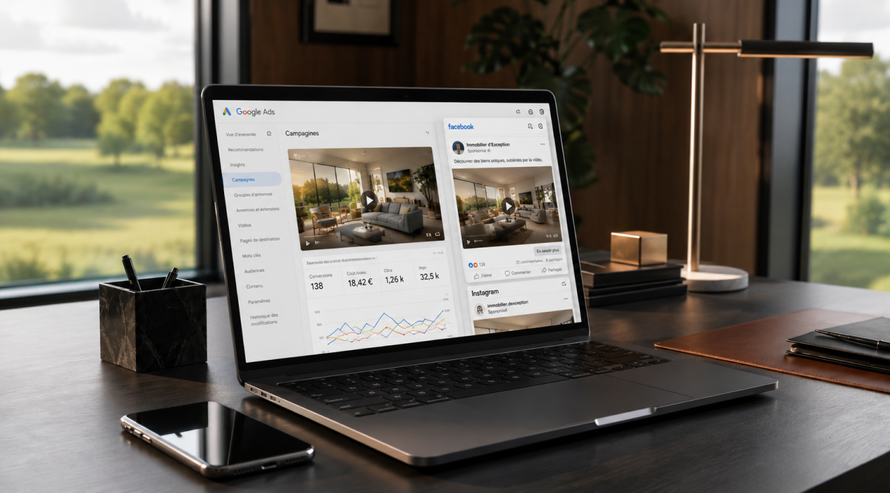 Stratégie de diffusion immobilière digitale avec vidéo de bien immobilier sur ordinateur portable dans un environnement de travail premium