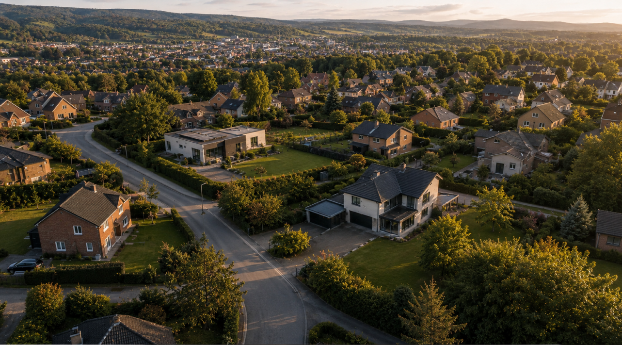Vue aérienne d'un quartier résidentiel à Fléron illustrant les différences de valeur immobilière selon la localisation précise d'une maison
