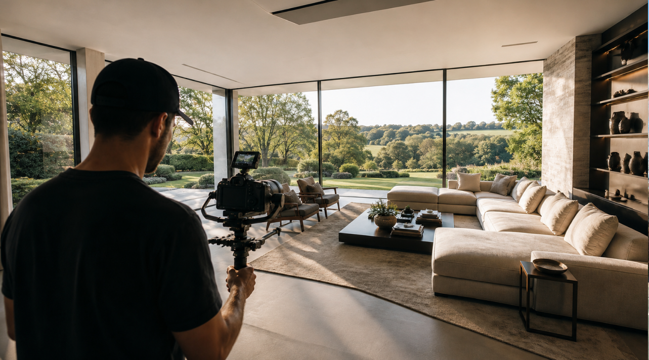 Agent immobilier réalisant une vidéo professionnelle dans un intérieur moderne et lumineux à Fléron pour valoriser une maison haut de gamme